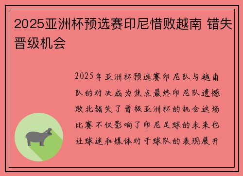 2025亚洲杯预选赛印尼惜败越南 错失晋级机会